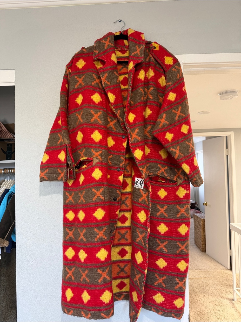 H&M Women’s Red, Brown & Yellow Patterned Pea Coat